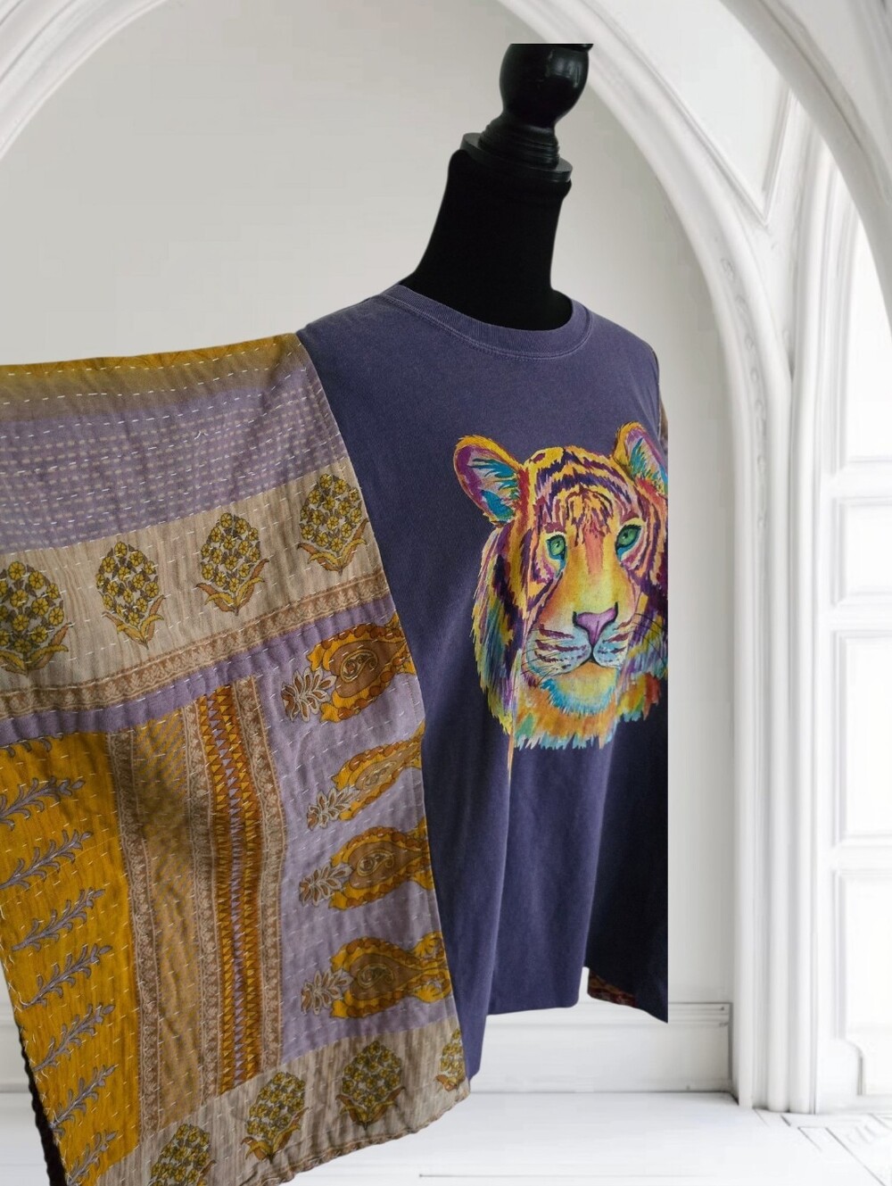 Upcycled Colorful Tiger Graphic Tee With Kantha Sleeves, OS - Picture 4 of 6